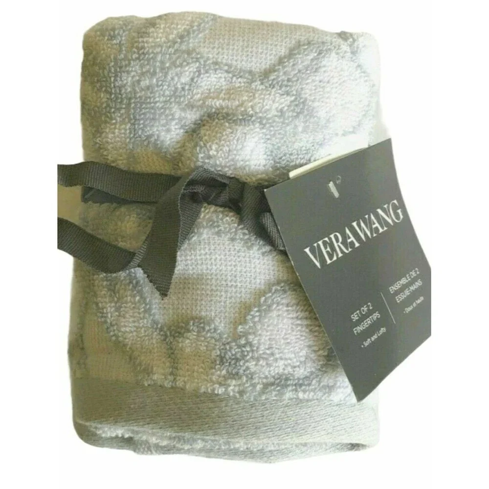 Vera Wang Fingertip Towels Sculptured Bath 12x18 Gray White Set of 2
